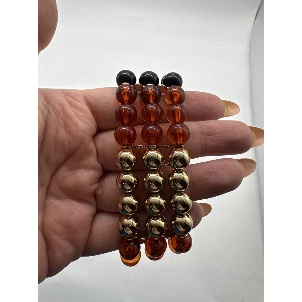 Multi Layered Beaded Stretch Bracelet Black Gold Tone‎ Triple Row J547